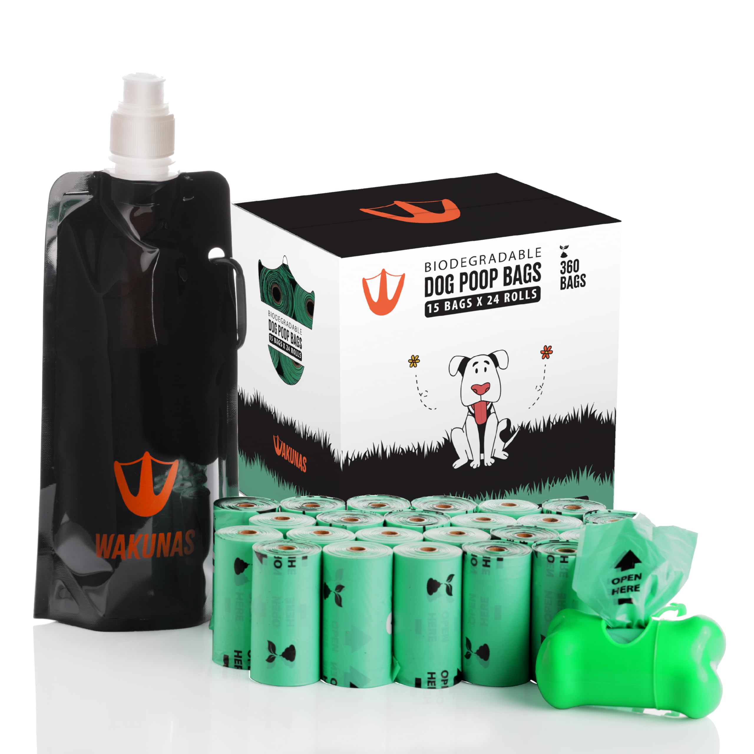 WAKUNAS Bolsas Caca Perro, 360 unidades con botella de agua plegable y dispensador. Extra Gruesas, Biodegradables. Bolsa para excrementos de mascota.