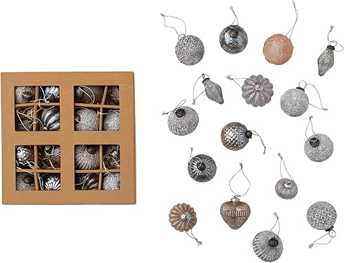 Creative Co-Op Adornos de cristal en relieve de 3 pies de alto con purpurina, multicolor, juego de 16 en caja