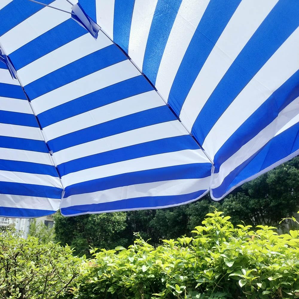 Ombrellone da spiaggia per esterni con protezione UV - 2 m/2,2 m/2,5 m, portatile, a righe, ideale per terrazza, cortile, patio, giardino (blu, Ø190 cm)