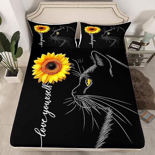 Manfei Juego de sábanas bajeras de tamaño individual con diseño de gatos y girasoles rústicos, diseño de plantas románticas y florales botánicas
