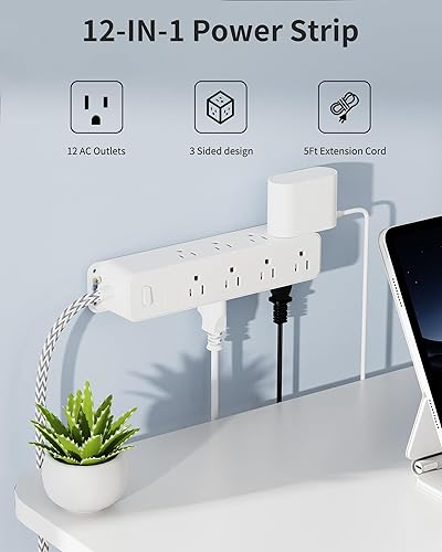 Miniatura 2 de Regleta protectora de sobretensiones, cable de extensión de enchufe plano trenzado de 5 pies, 12 salidas de CA, diseño envolvente de 3 lados,