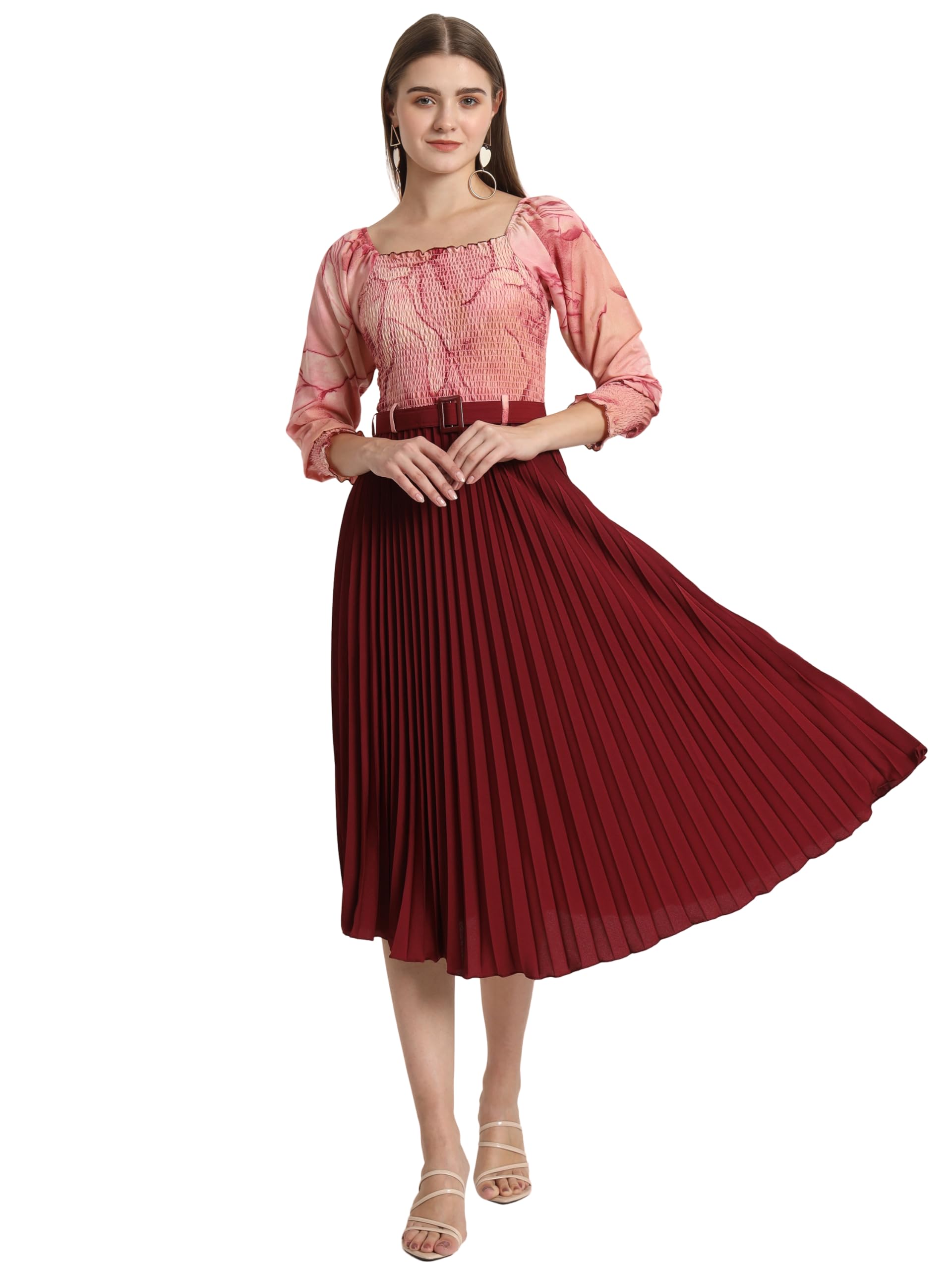 OTABU| Printed Top A-Line Dress with Square Neckline and Belted Waist