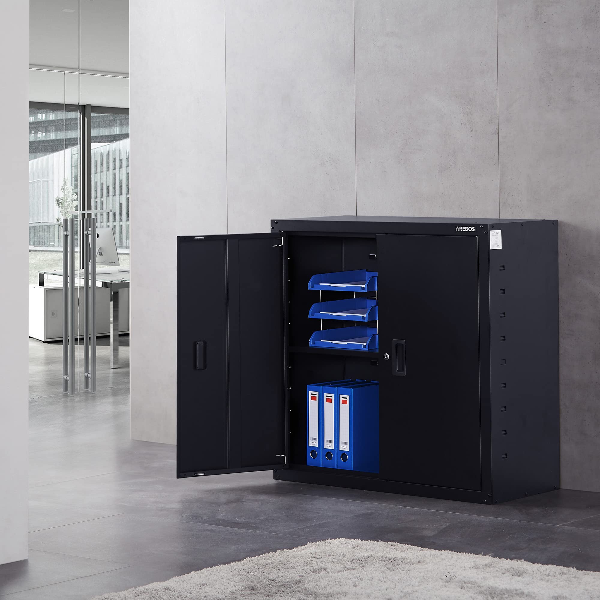 Arebos Aktenschrank Büroschrank Lagerschrank Materialschrank Stahlschrank | Höhenverstellbarer Einlegeboden | 90x90x40cm