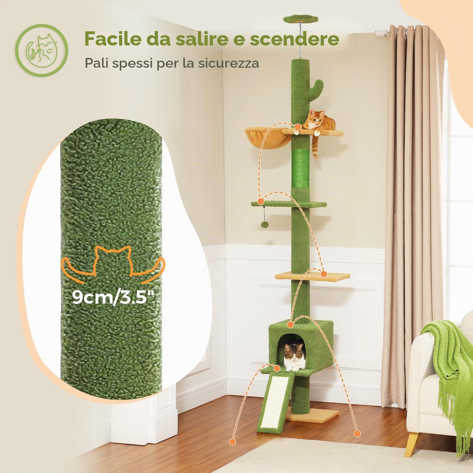 PAWZ Road Albero per gatti dal pavimento al soffitto con altezza regolabile da 216 cm a 273 cm, torre per gatti con condominio per gatti, amaca, tiragraffi e scala, cintura anti-caduta, albero