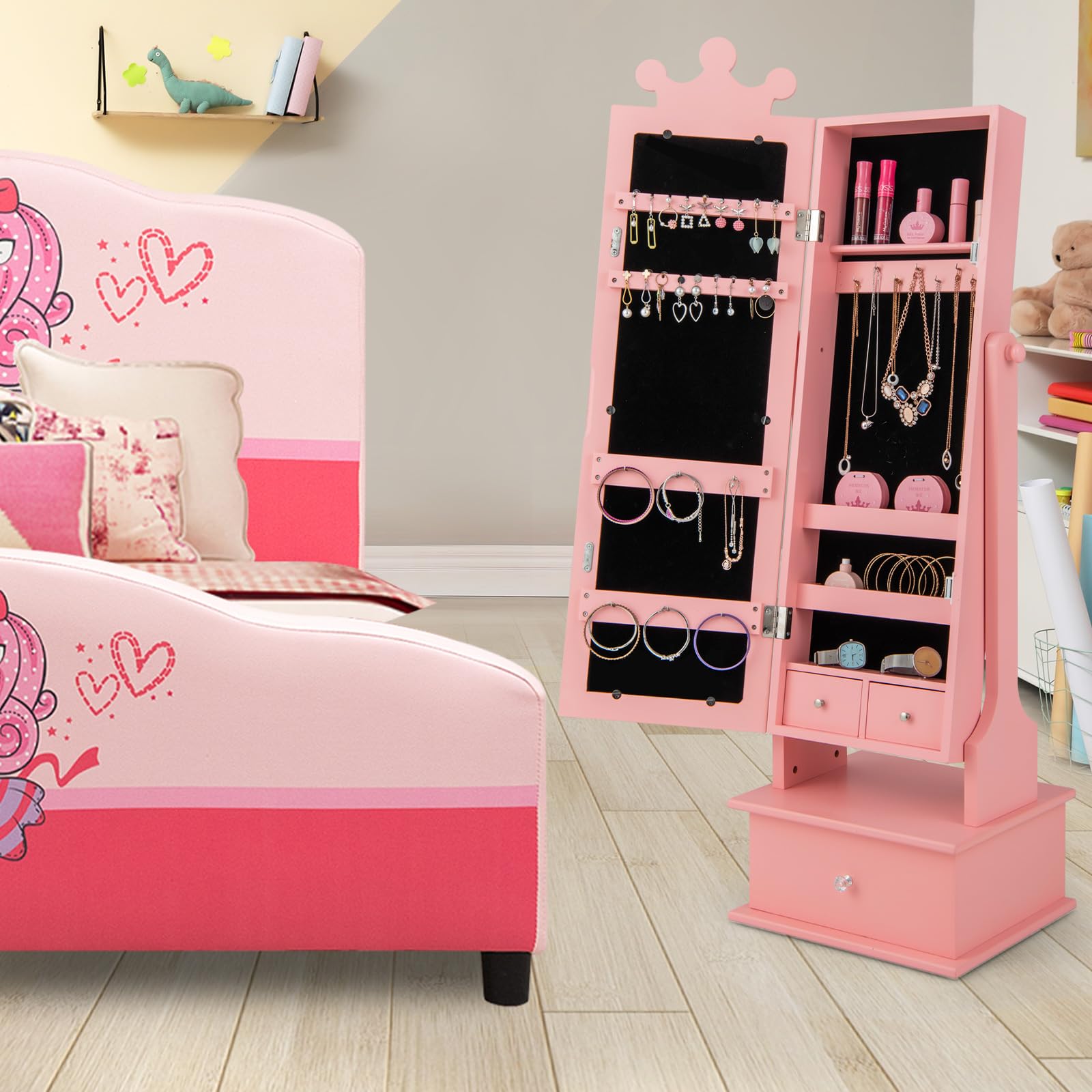 GOPLUS - Armario de joyería infantil con espejo de longitud completa, organizador de joyas con 3 cajones y 4 estantes de almacenamiento, 13 ganchos y 18 ranuras para pendientes, rosa (Pink)