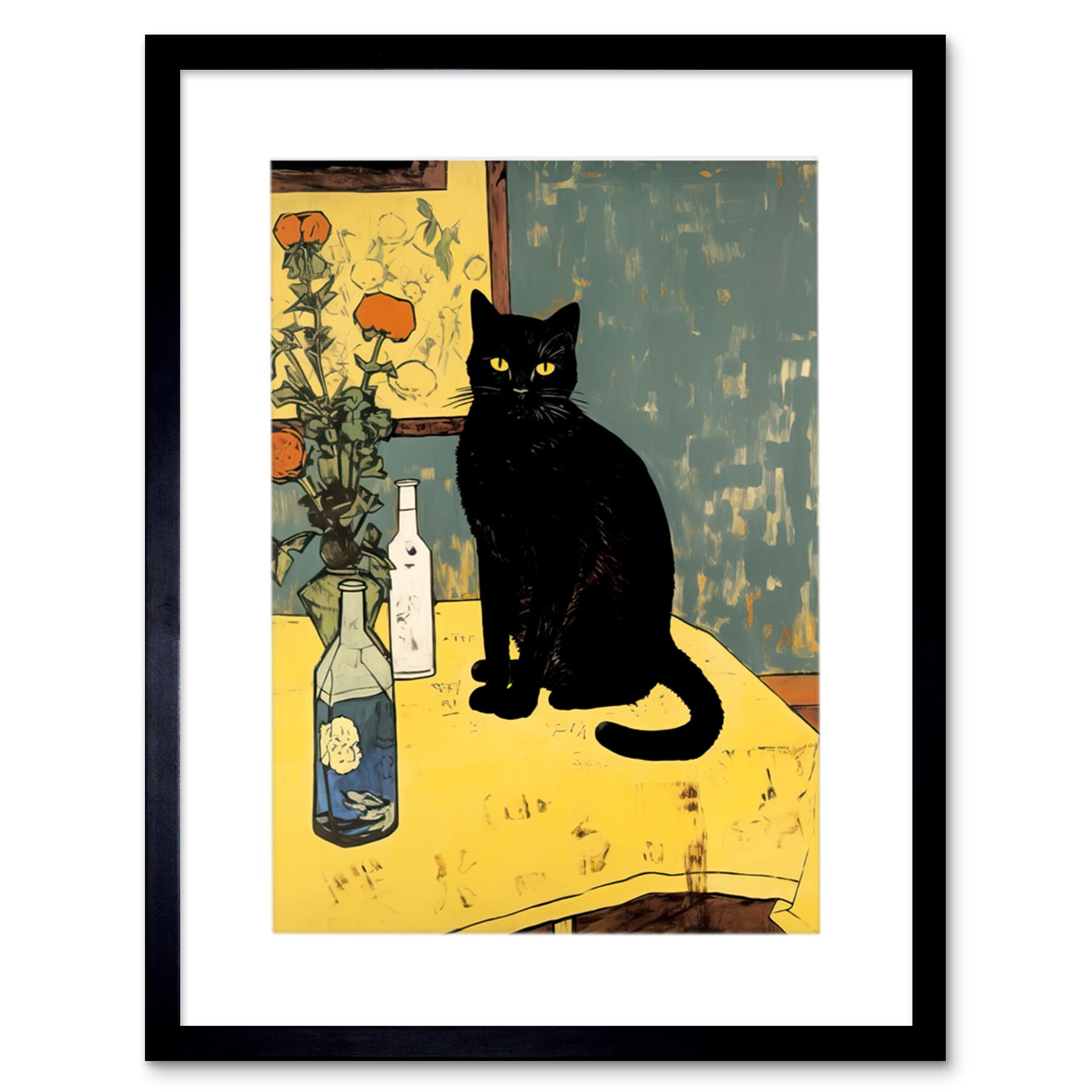 Artery8 Simple Black Cat on Yellow Table Oil Painting Van Gogh Style Flowers Artwork Framed Wall Art Print 12X16 Inch