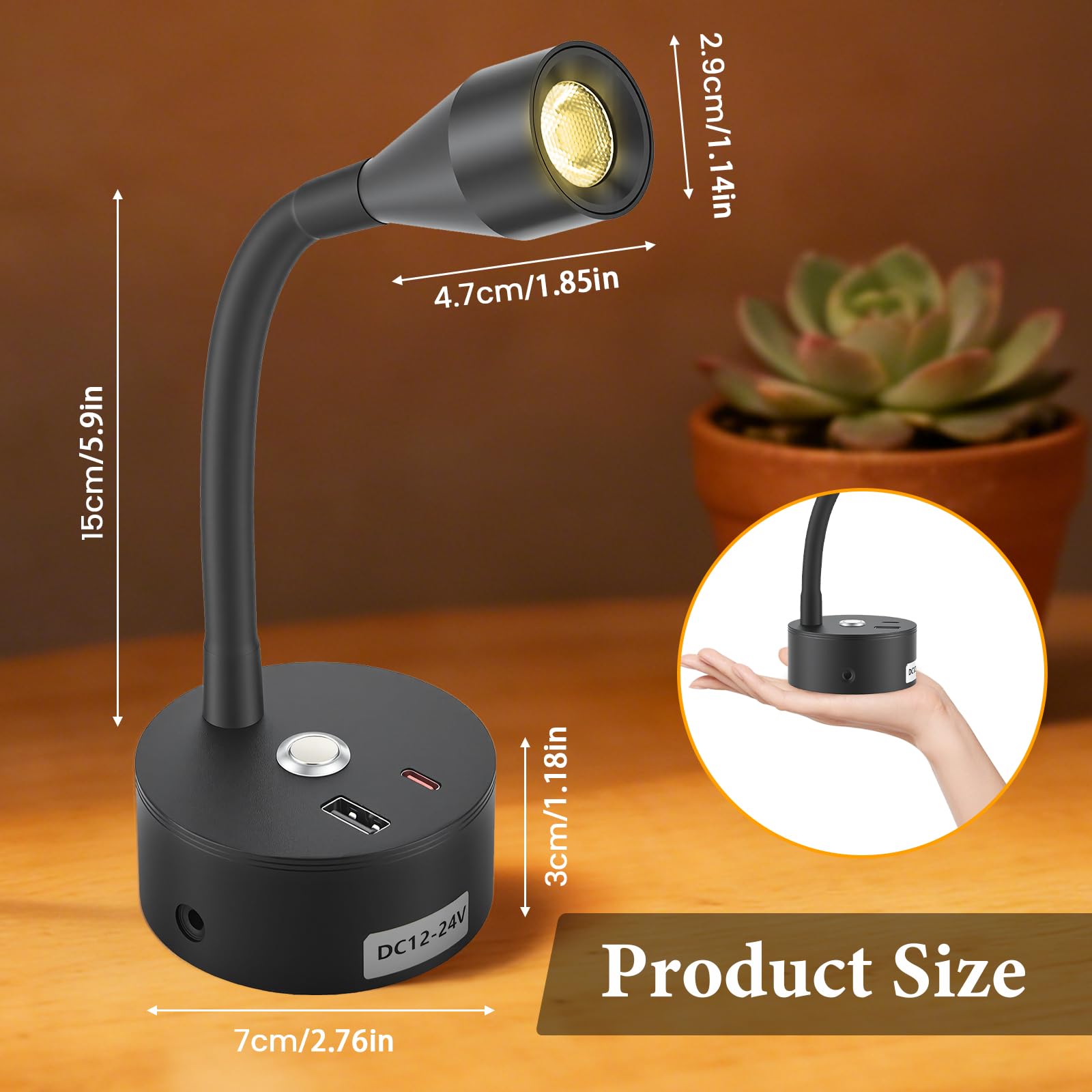2 Piezas Luz de Lectura LED para Camper, 12V Lámpara de Lectura con Cargador USB & Type-C, Flexible Lámpara Foco de Pared para Autocaravana Furgo Barco (Negro)