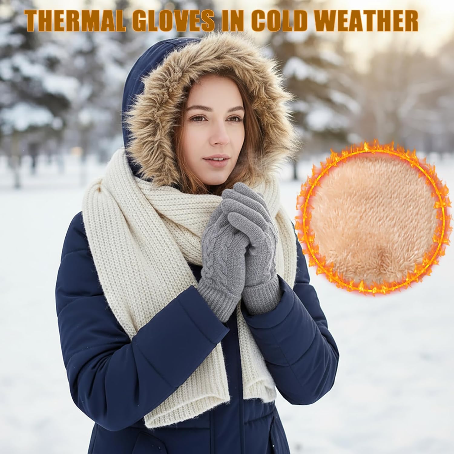 Winter Warm Fleece Lined Gloves for Women, Thermal Wool Cable Knit Gloves for Cold Weather, Touchscreen Fingers Folding Cuffs - Image 2