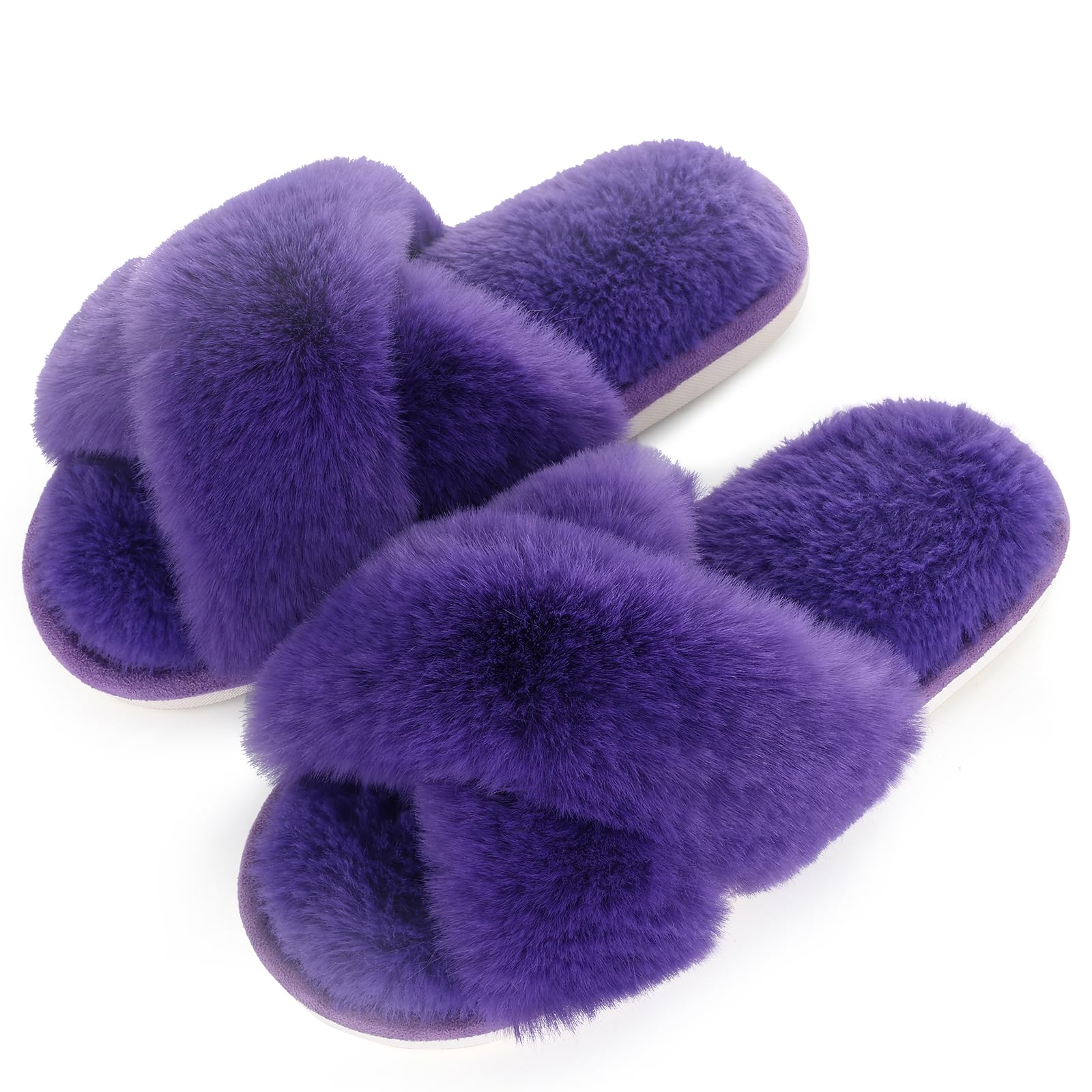 Evshine Women's Fuzzy Slippers Cross Band Memory Foam House Slippers Open Toe