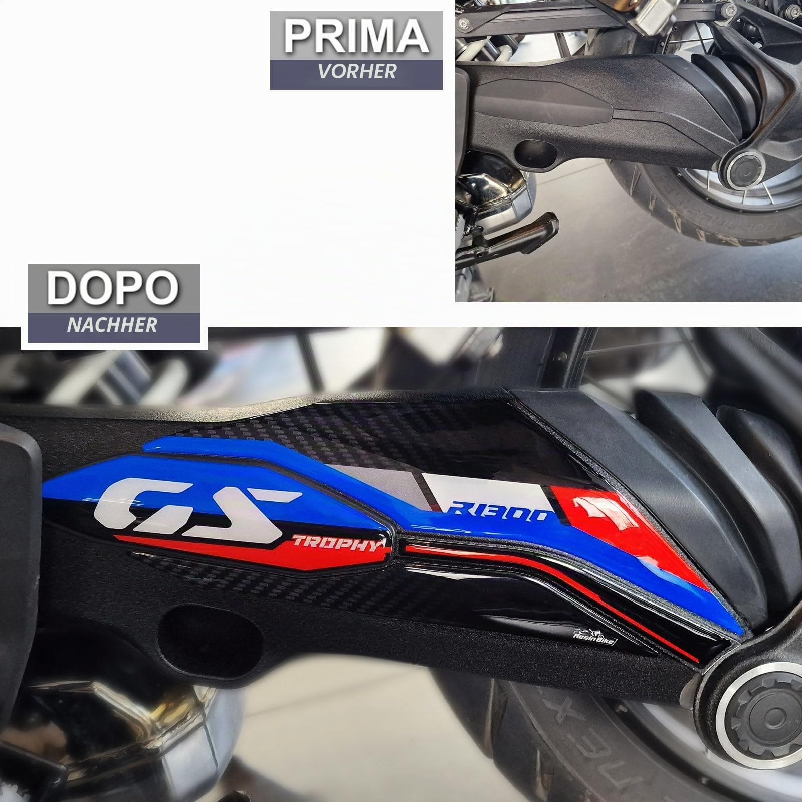 Resin Bike Aufkleber für Motorrad Kompatibel mit BMW R 1300 GS Trophy 2023-2026. Schutz Motorrad Hinterradschwinge vor Stößen und Kratzern. Aufklebersatz 3D-Harzklebstoff - Stickers Made in Italy