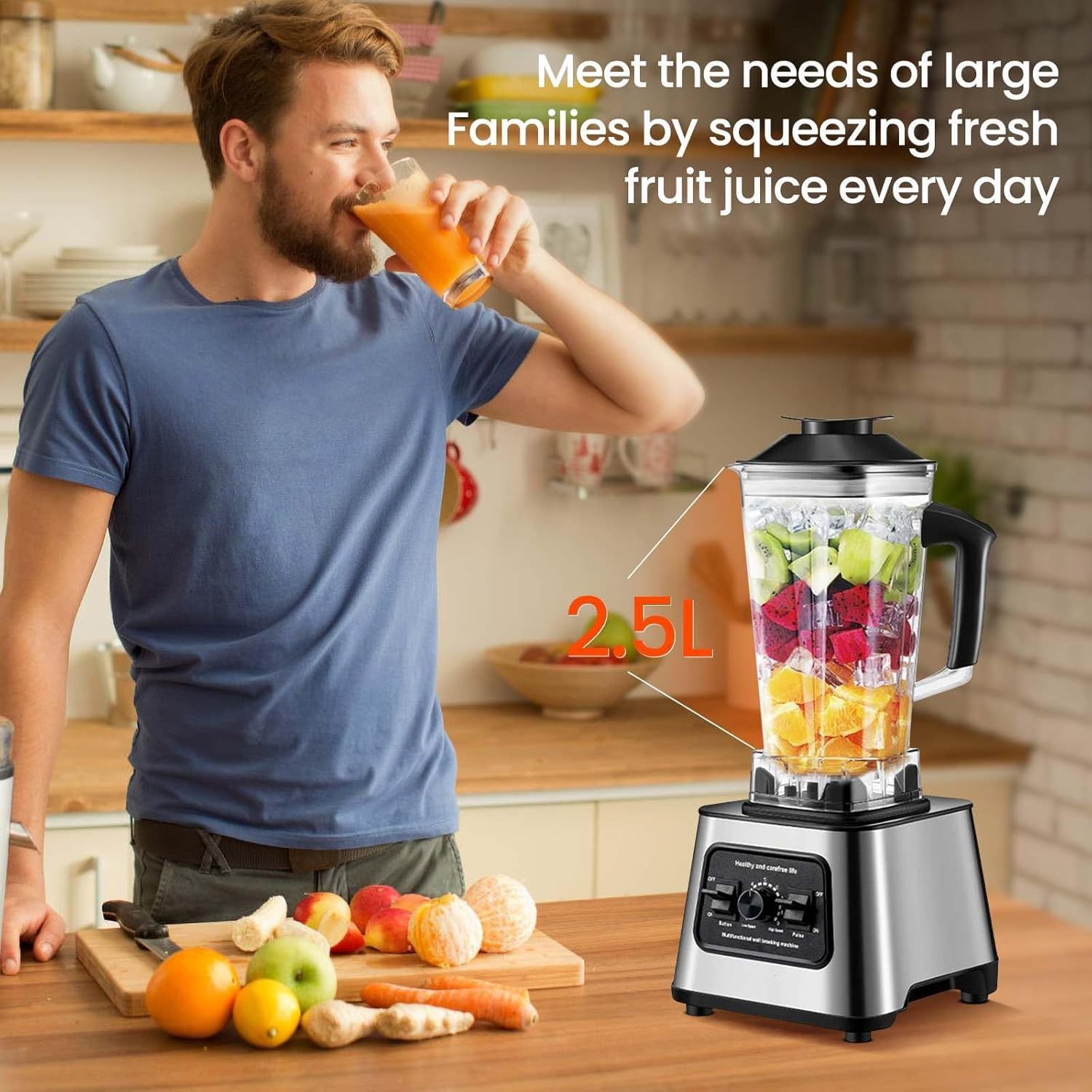 Blender do smoothie 2,5L, mikser i młynek z 4 ostrymi stalowymi nożami, 15 prędkości, funkcja samoczyszczenia, blendery do kuchni