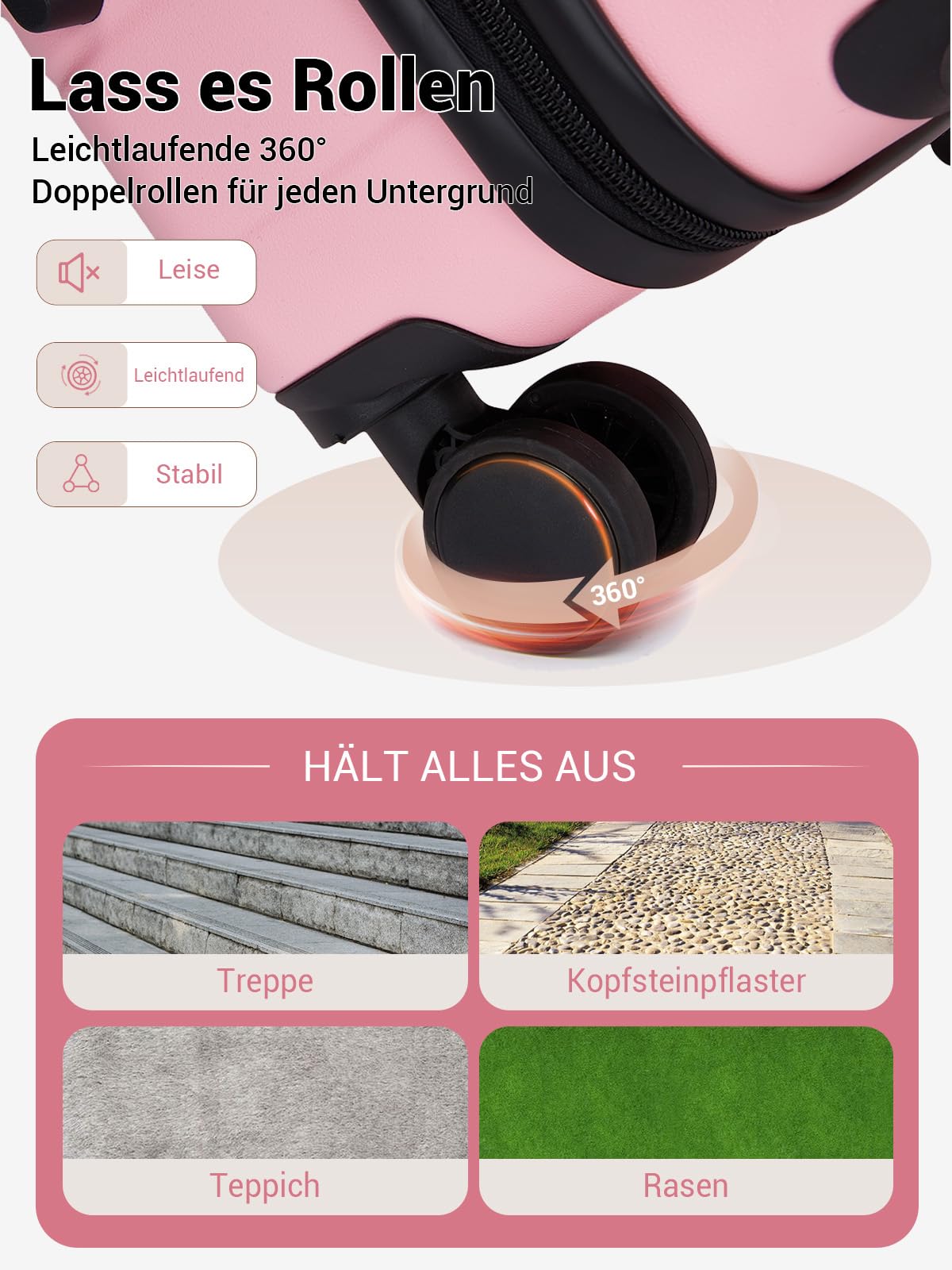 Handgepäck Koffer 55x40x20 cm Reisekoffer Hartschalenkoffer aus ABS, Leichter Trolley mit 4 Leisen 360° Doppelrollen, Integriertem Schloss, Für Viele Airlines Geeignet (M, Rosa)