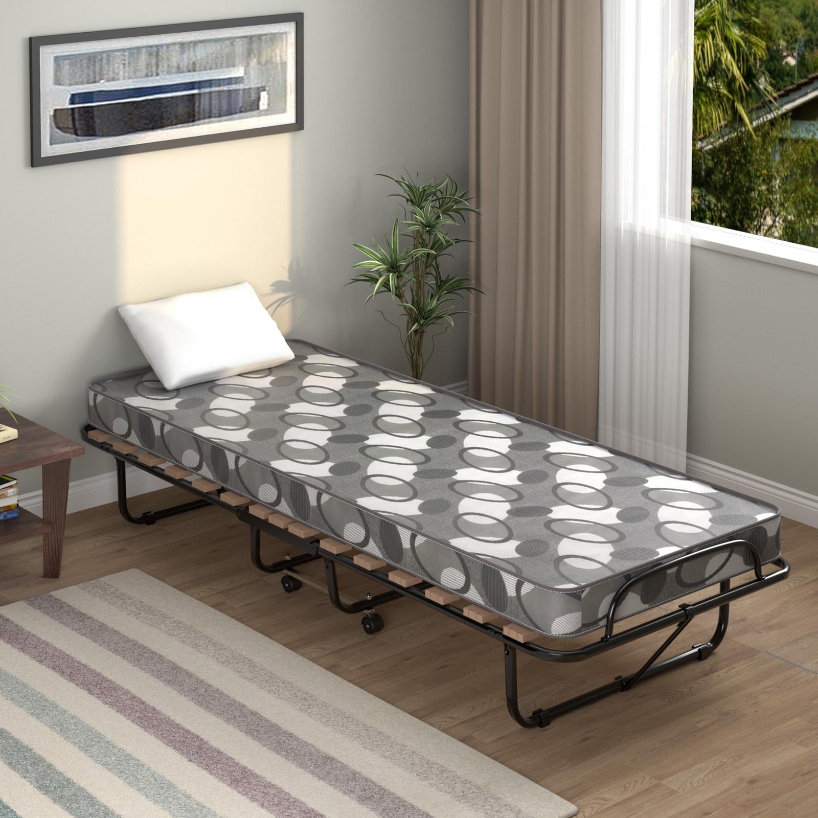 LIFEZEAL Brandina Pieghevole con Materasso, 190x80cm, Letto Singolo a Scomparsa, Letto di Emergenza per Ospite, con Ruote, Telaio in Acciaio, 15 Doghe in Legno, Salvaspazio, Max 120 kg, Made in Italy