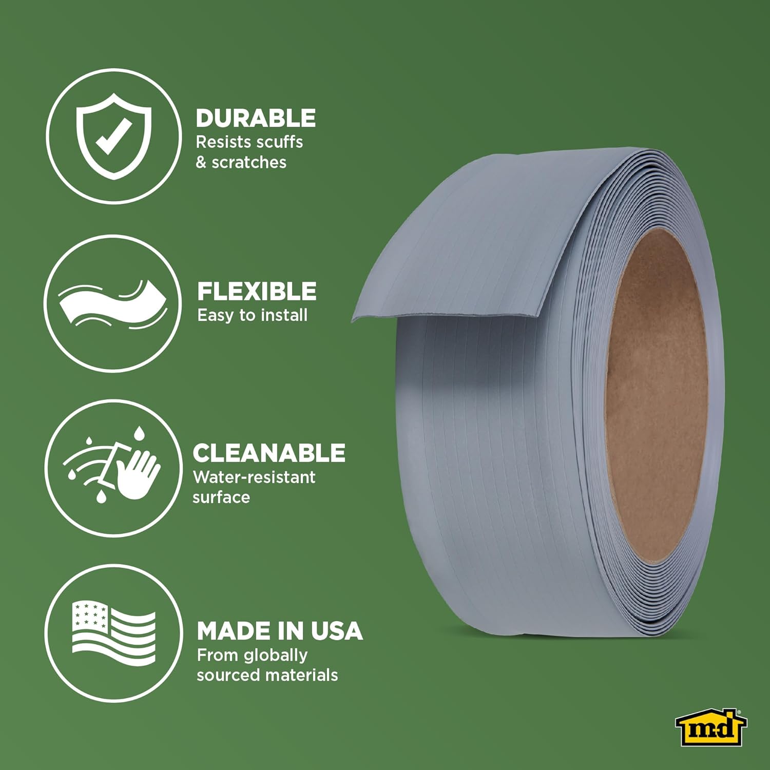 M-D Building Products 4-Inch x 60-Feet Dry Back Vinyl Wall Base, Flexible Dry Back Vinyl Trim with Toe - Easy Install Molding Trim for Floors and Baseboards, Silver Gray (73898)