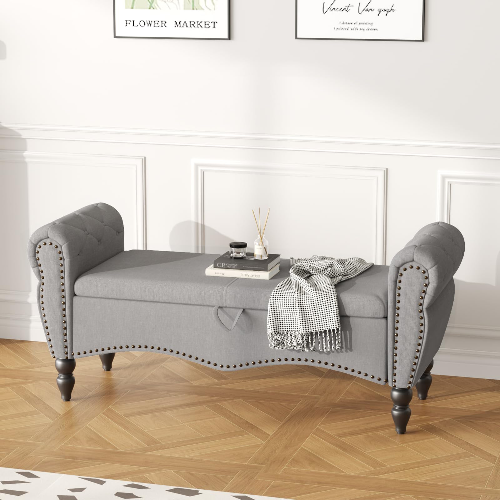 Furniliving Storage Ottoman Bench, Leather Benches End of Bed Bench with Solid Wood Legs Upholstered Ottoman Bench with Storage Indoor Bench for Living Room with Rolled Arm, Entryway, YellowBrown: Grey-1 51-inch