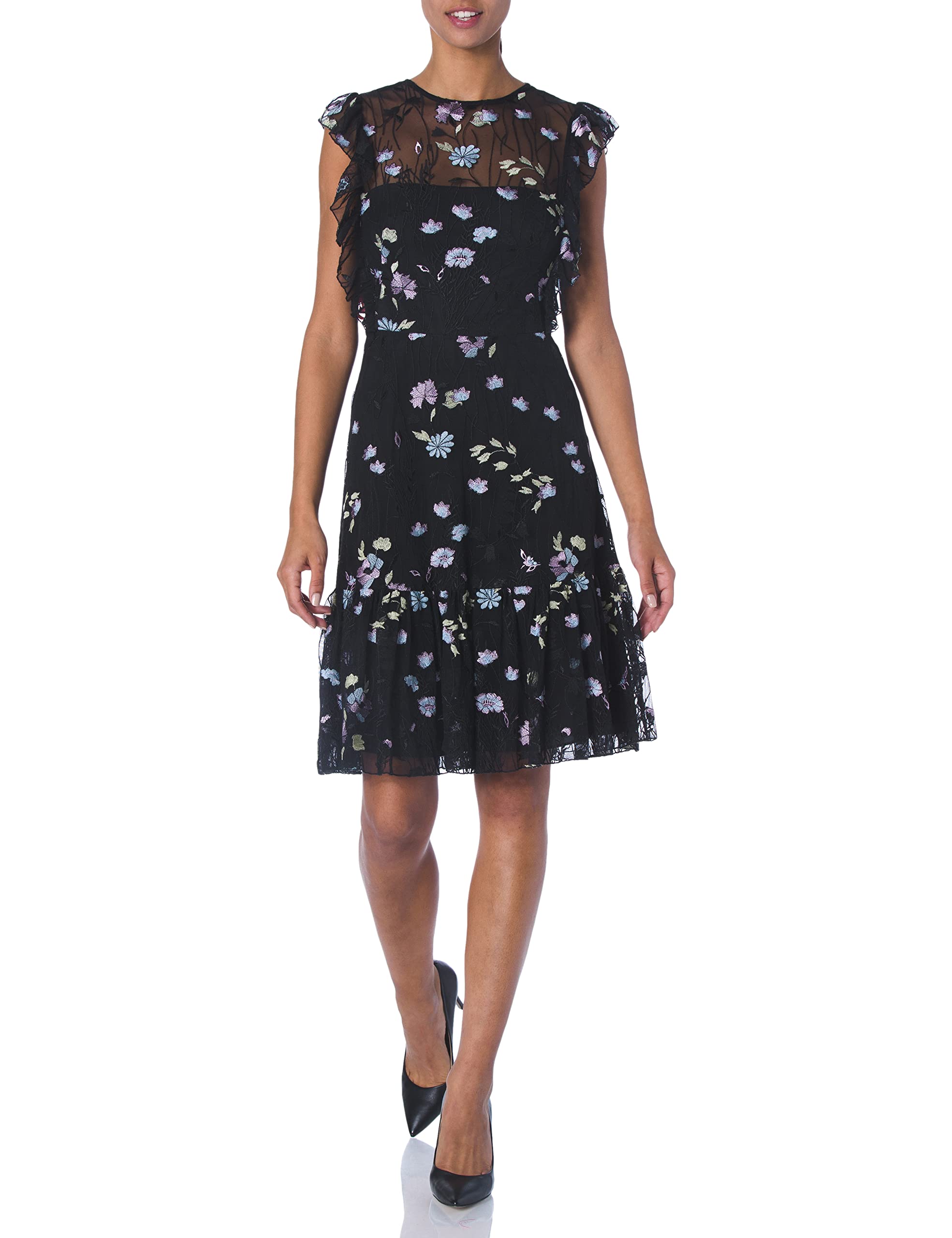 MONIQUE LHUILLIERWomen's Embroidered Mesh Dress with Sleeve Ruffle Cocktail