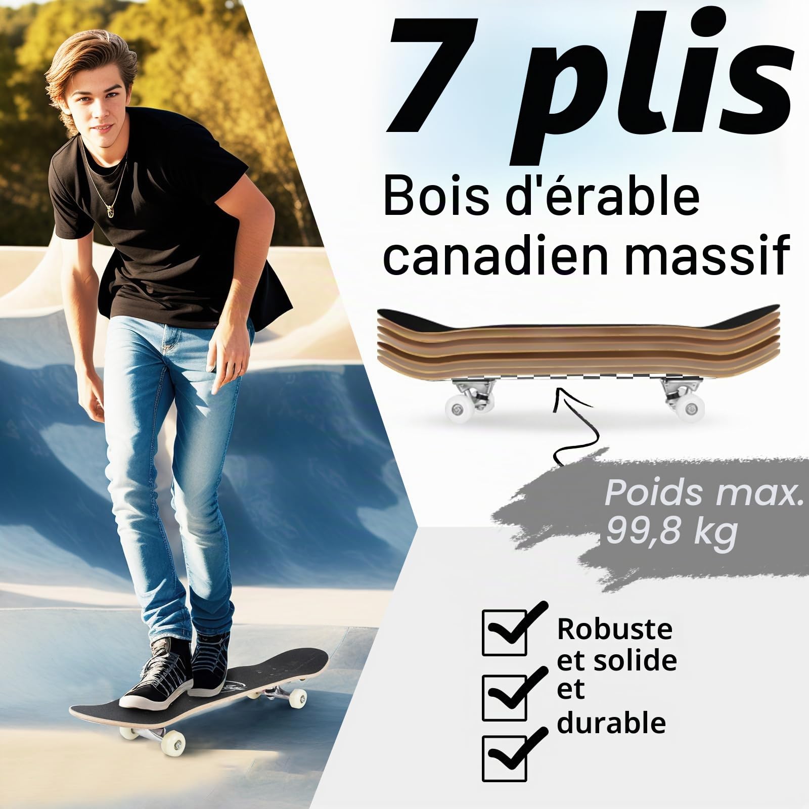 BELEEV Skateboard 31x8 pour Débutants, Enfants, Adolescents et Adulte, Complet Pro Cruiser Skateboard pour Fille Garcon, Érable Canadien 7 Couches, Double Plateau Concave avec Outil en T