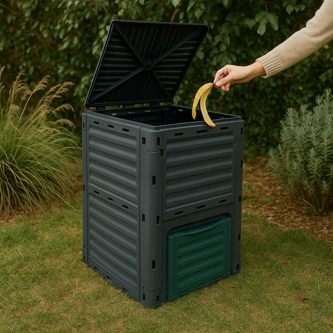 Acomoda Textil – Compostador de Jardín 300L 61×61×83 cm con Tapa Abatible y Ventilación Lateral para Reciclaje Orgánico y Producción de Compost Natural en Hogares y Huertos