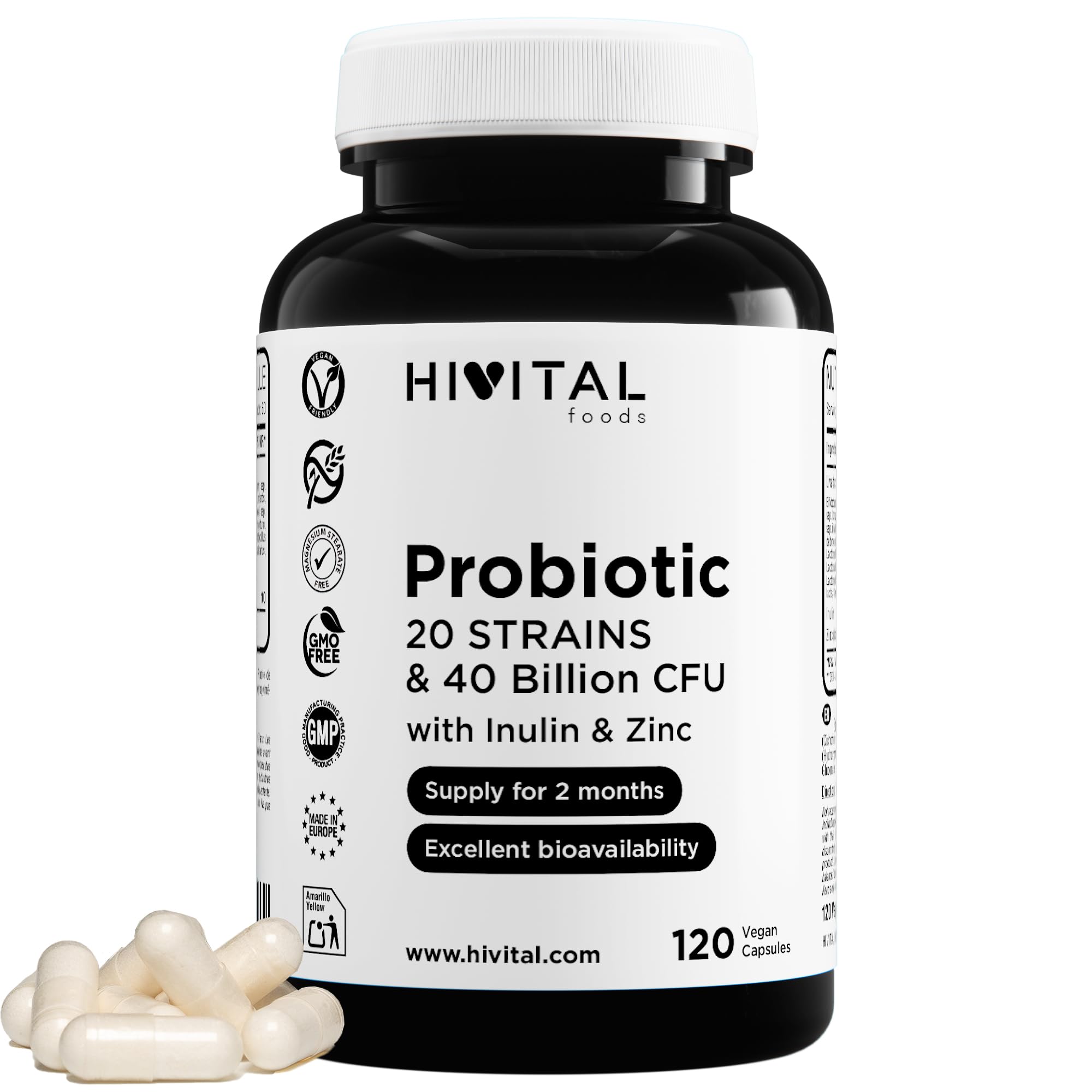 Probiotici 20 ceppi 40 miliardi di CFU con Inulina e Zinco. 120 capsule vegane gastroresistenti per 2 mesi di trattamento. Probiotici e prebiotici. Prodotto in Europa da HIVITAL