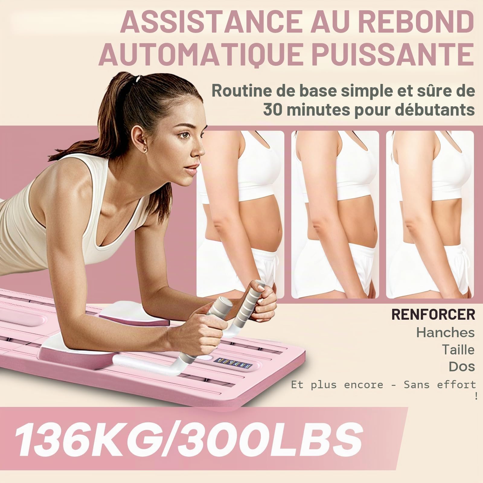 Roadtime Reformateur Pilates 6 en 1 Amélioré Pliable Ensemble Compact de Plateau Pilates pour la Protection des Genoux et Entraîneur Abdominal Multifonctionnel, Planche Abdominale avec Rebond Rose