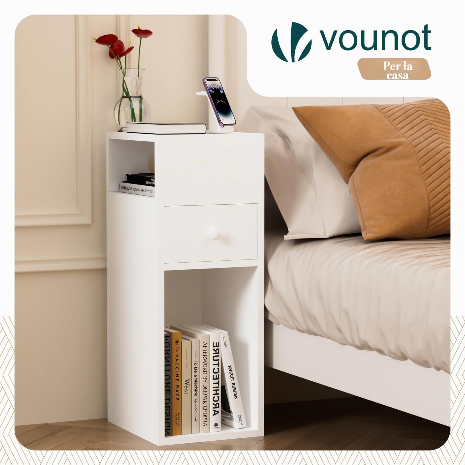 VOUNOT® Set di 2 Comodini Stretti con Cassetto e 2 Scomparti Aperti, Tavolino Comodino Salvaspazio, Design Moderno per Camera da Letto e Soggiorno, 25x30x66 cm, Bianco