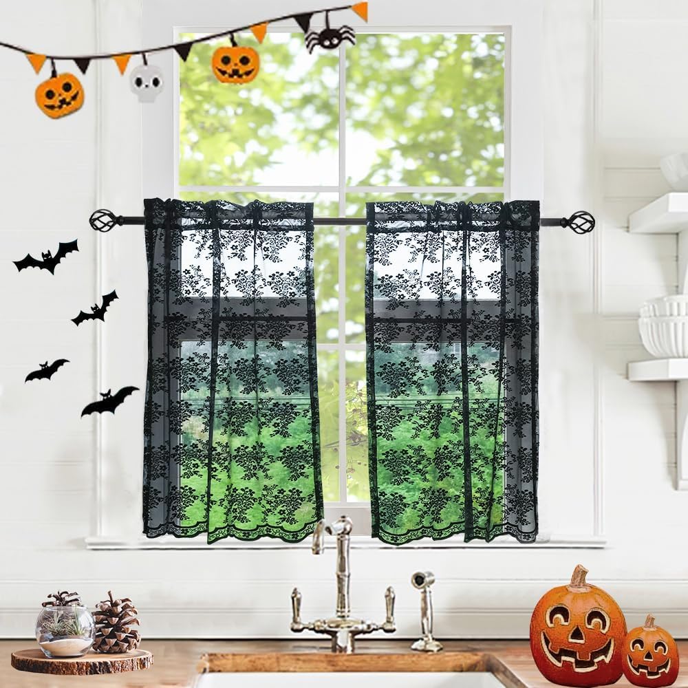 YJ YANJUN Halloween Kitchen Curtains 30 Inch Length 2 Panels Floral Goth Lace Cafe Curtains for Bathroom Laundry Room Basement Kitchen Small Window Gothic Lace Window Toppers 26 W x 30 L Black