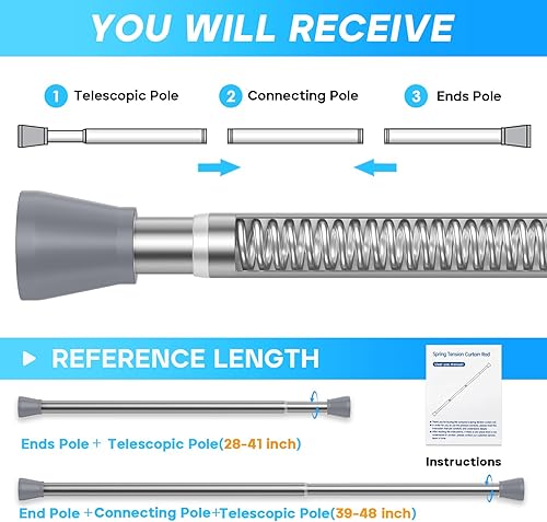 Miniatura 2 de Zipglo 2 barras de tensión de 28 a 48 pulgadas, barra de cortina de tensión plateada, barra de cortina ajustable, antideslizante, sin taladro, barra