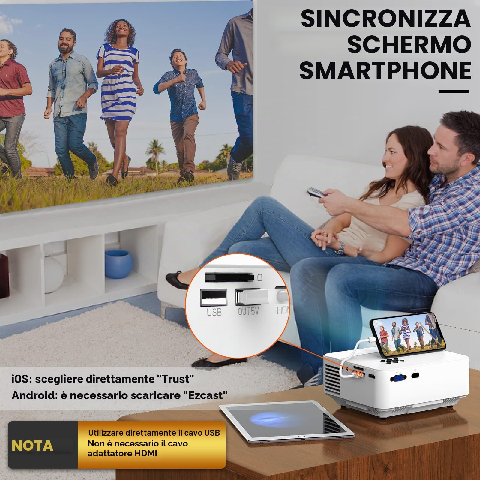 TOPVISION Proiettore Full HD 1080P 7000 lumens Mirroring Home Theater LCD 90k ore HDMI/USB/AV/VGA