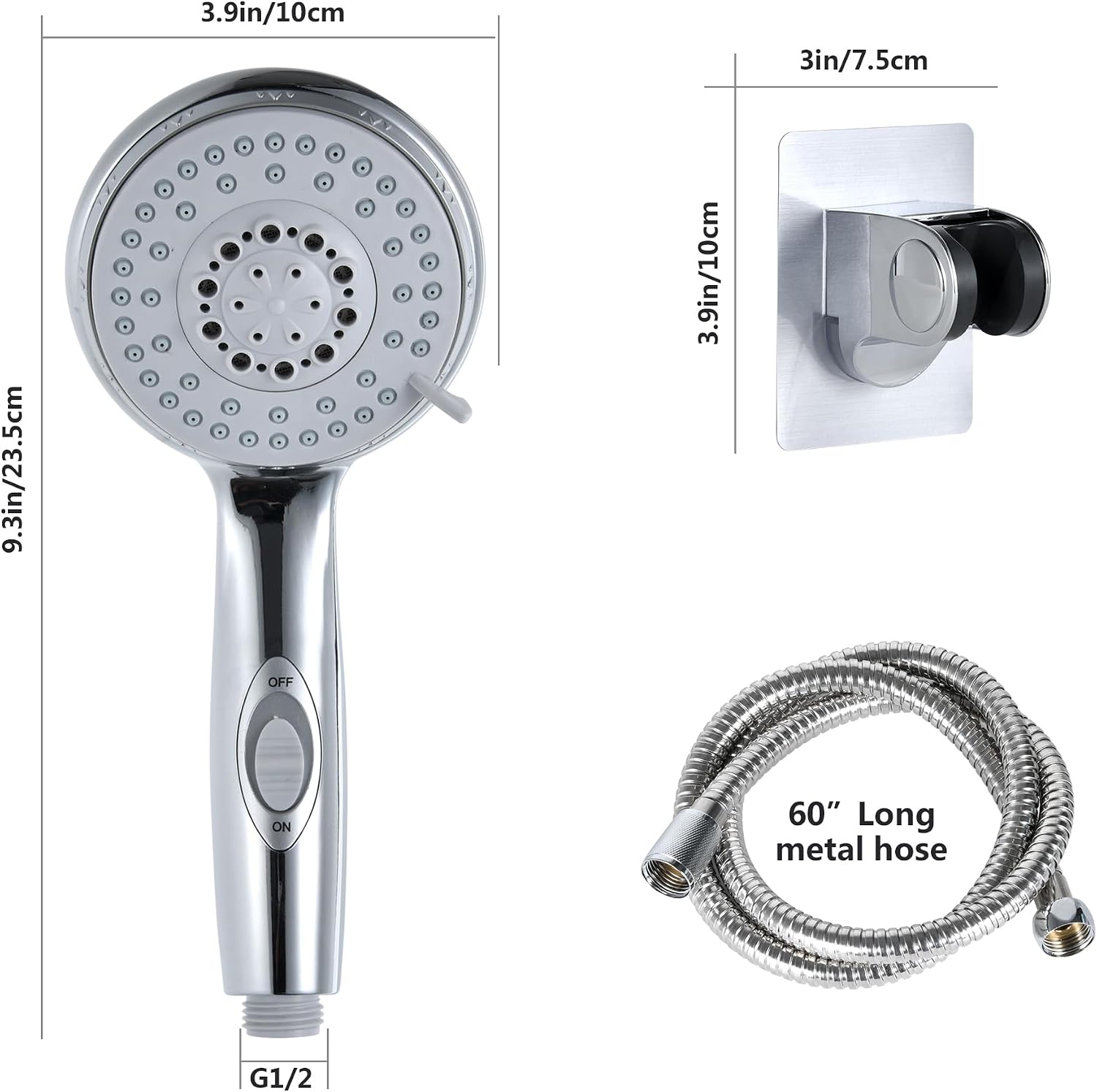 High Pressure RV Shower Head w/Hose - 5-Spray RV Shower Head Kit Replacement w/ON/OFF Pause, Interior Showerhead for Campers, Fifth Wheels, Motor Homes, Travel Trailers, Boats, Chrome