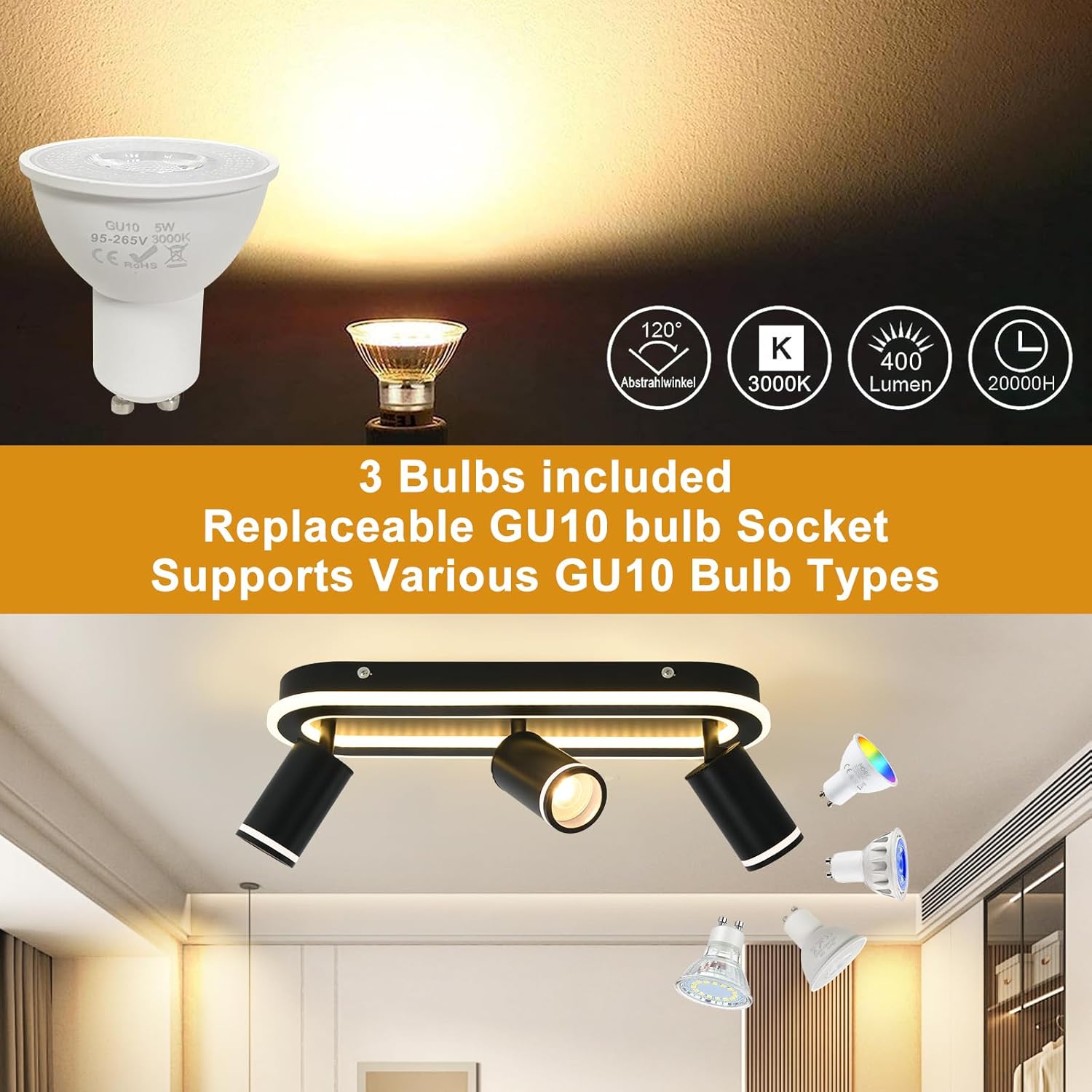 LED 3 Light Track Lighting Spotlight Kit, Black Ceiling Spotlights, Modern Track Light Fixture with Flexibly Rotatable Light Heads, 35W+15W Dual Lighting for Kitchen Living Room,Includes 3 x GU10 Bulb