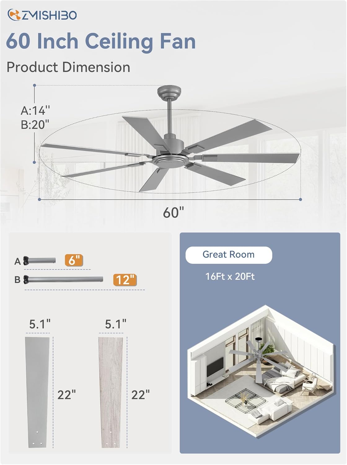 ZMISHIBO 60“ Ceiling Fans No Light with Remote, Silver Modern Ceiling Fan Without Light, Quiet Reversible DC Motor, 6 Speeds, 7 Blades Indoor/Outdoor Ceiling Fan for Living Room Bedroom Patio Garage