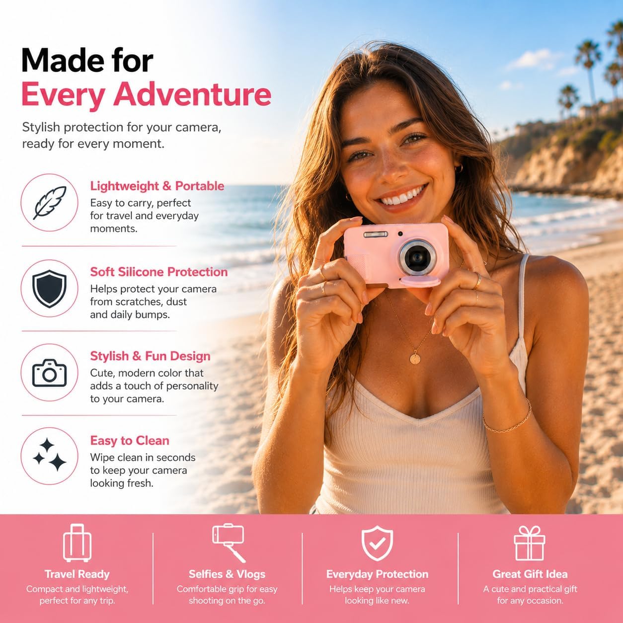 Case for Kodak PIXPRO FZ55 with 2 Screen Protector and 1 Charm Wrist Strap, Soft Silicone Digital Camera Protector Case with Lens Cover for Kodak PIXPRO FZ55 Accessories (Smoked Pink)