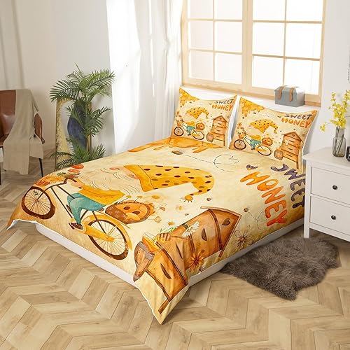 Miniatura 3 de Juego de ropa de cama de gnomo de abeja miel, funda de edredón retro de madera para niñas y niños, decoración de dormitorio de niños, funda de