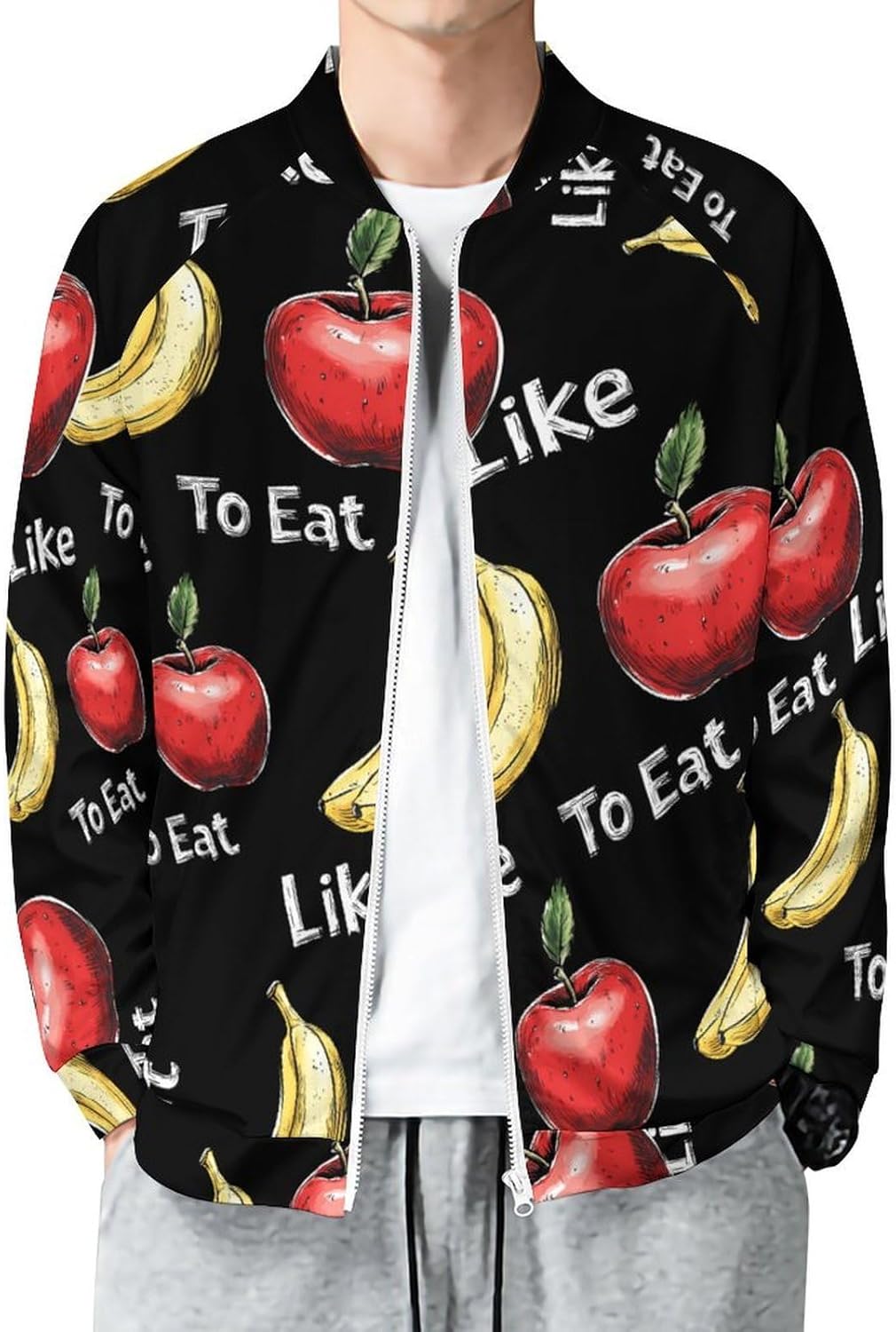 I Like To Eat Apples And Bananas Men's Zip Up Sweatshirt Casual Sweater Jackets Long Sleeve Tops Lightweight Coat