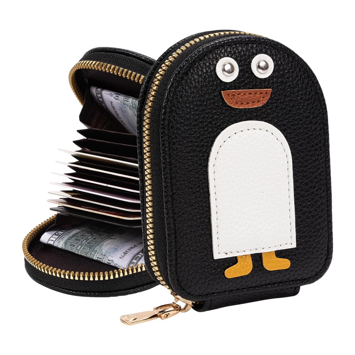 Girls Card Bag Travel Card Holder With 10 Compartments Wallet Organizer Bag Zipper Pouch Pu Cartoon Penguin Zipper Card Bag Rfid Blocking Travel Card Holder, Black