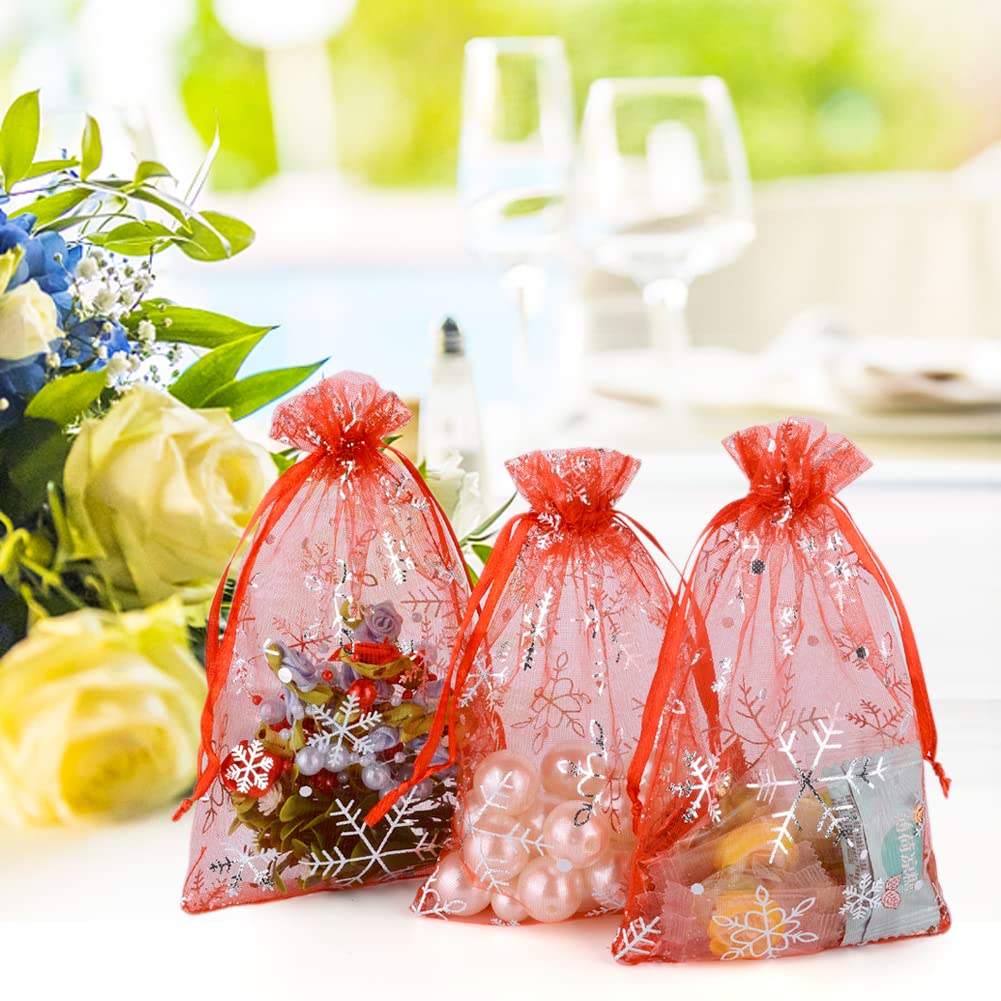100 sacchetti di organza natalizi grandi 17 x 23 cm, sacchetti regalo in organza con fiocco di neve bianco con coulisse per gioielli caramelle trucco