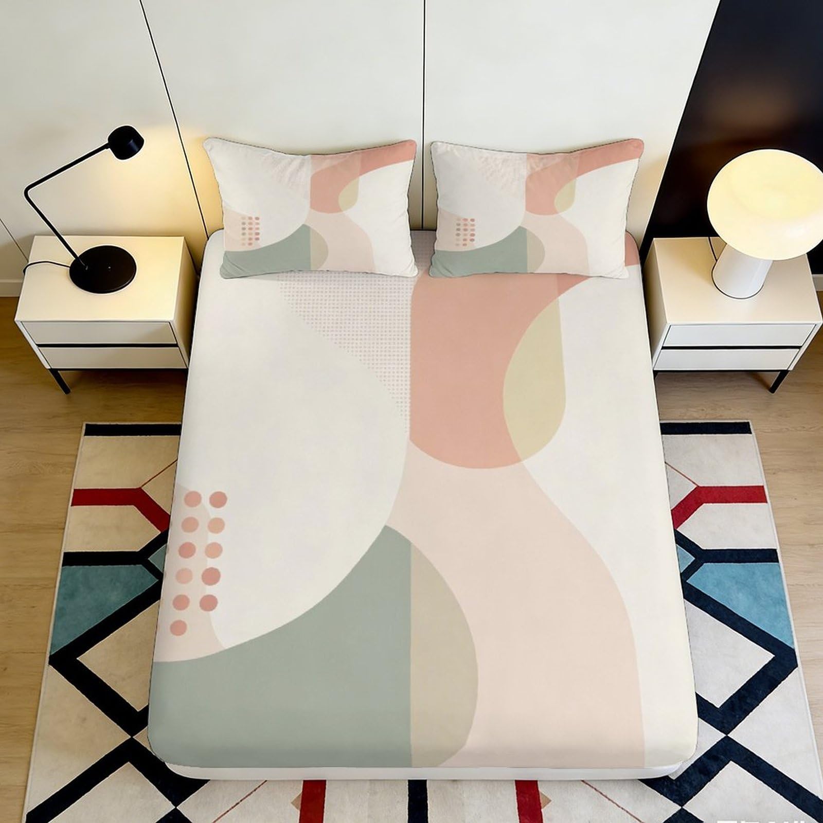 3D Printed Pastel Abstract Fitted Sheet Microfiber Soft Breathable Geometric Pattern Bed Cover for Bedroom Guest Room Decor 90x200x25cm