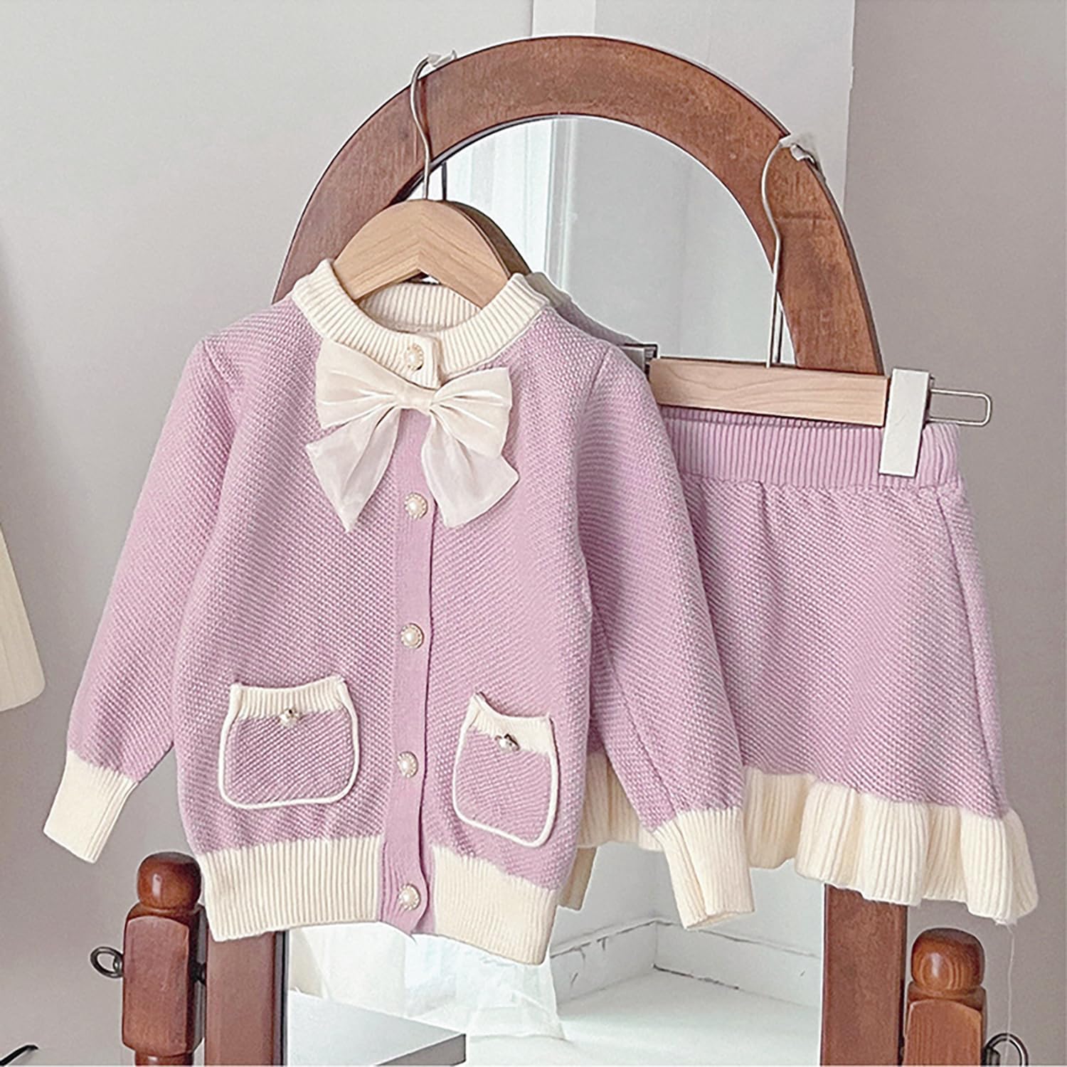 Toddler Girls Sweater Skirt Set Bow-knot Cardigan Sweater Winter Coat Set Size 2-7 Years