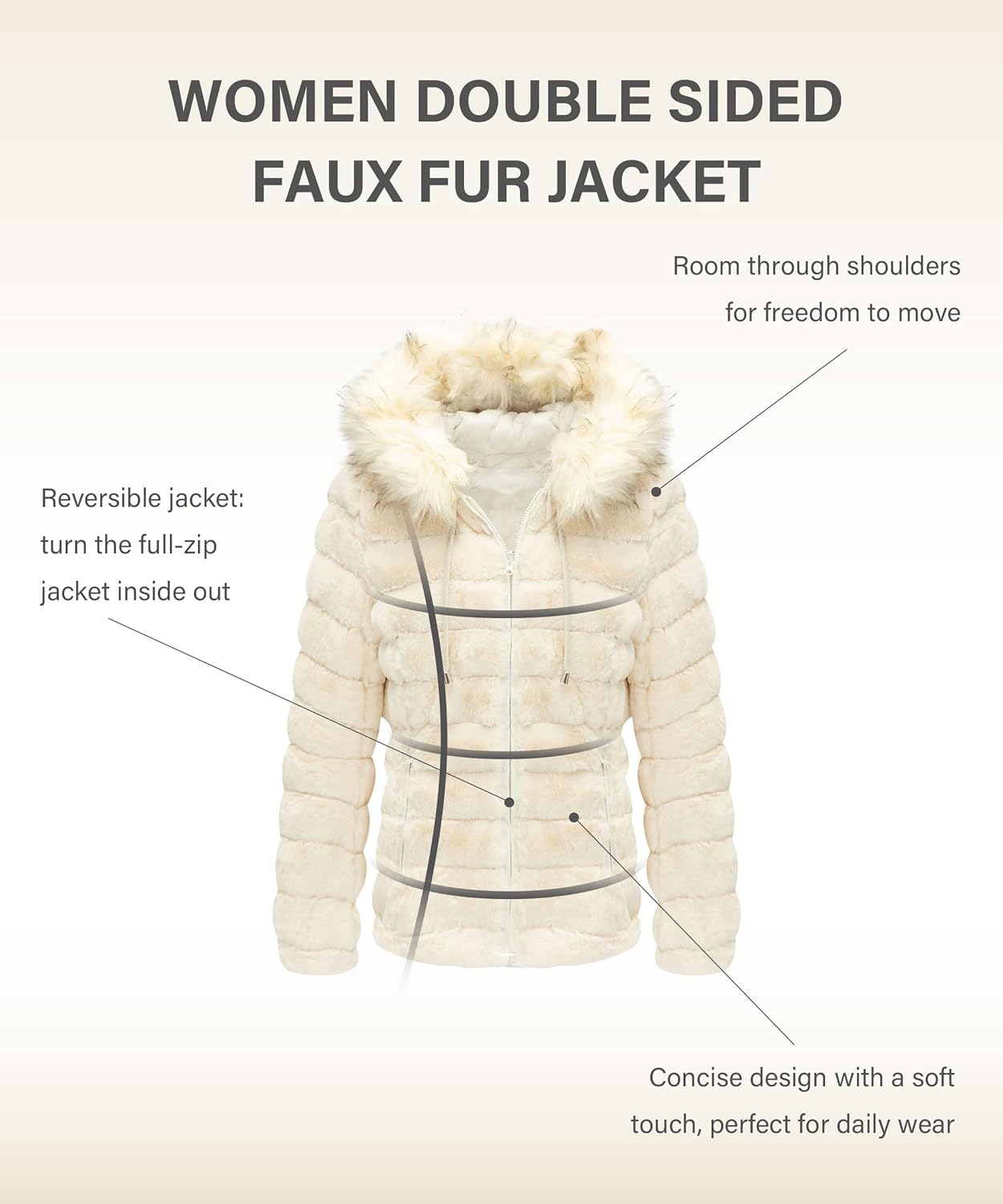 Bellivera Women Double Sided Faux Fur Jacket Spring and Winter Fashion Reversible Hood Puffer Coat with Fur Collar - Image 3