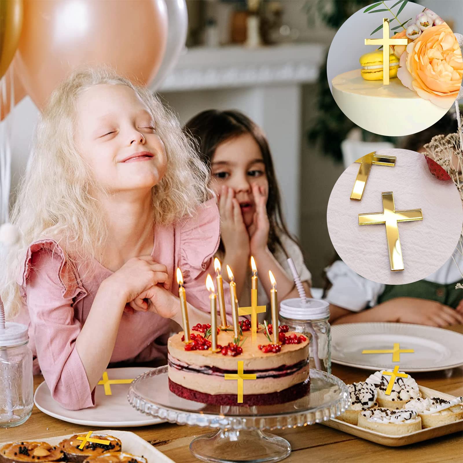 Ornement Pâtisserie Strass Décorations Gâteau Croix Strass - Lot De 2 - Rose Dorée - Pour Mariage, Communion, Baptême Décoration Fête Religieuse