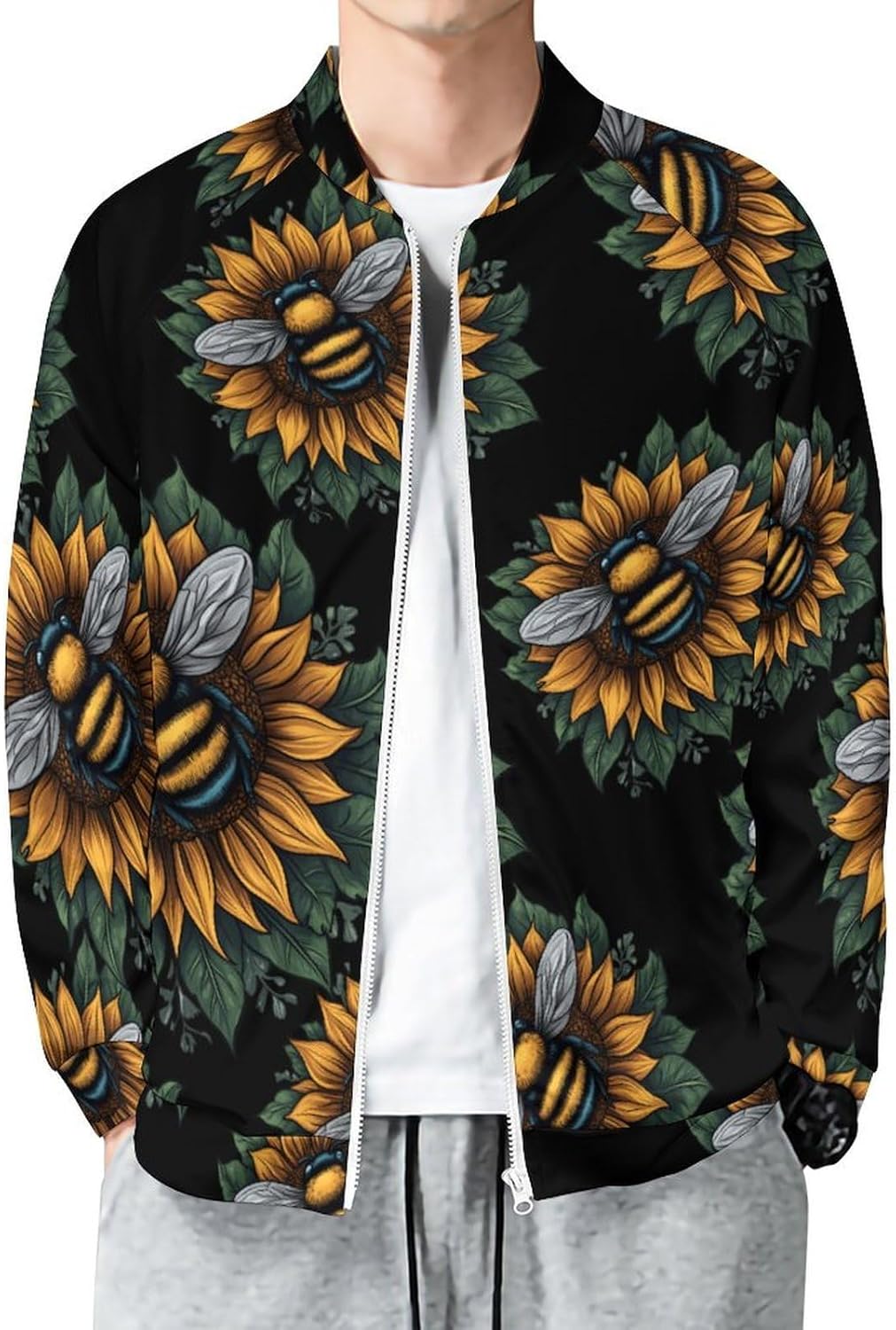 Sunflower Save The Bees Men's Zip Up Sweatshirt Casual Sweater Jackets Long Sleeve Tops Lightweight Coat