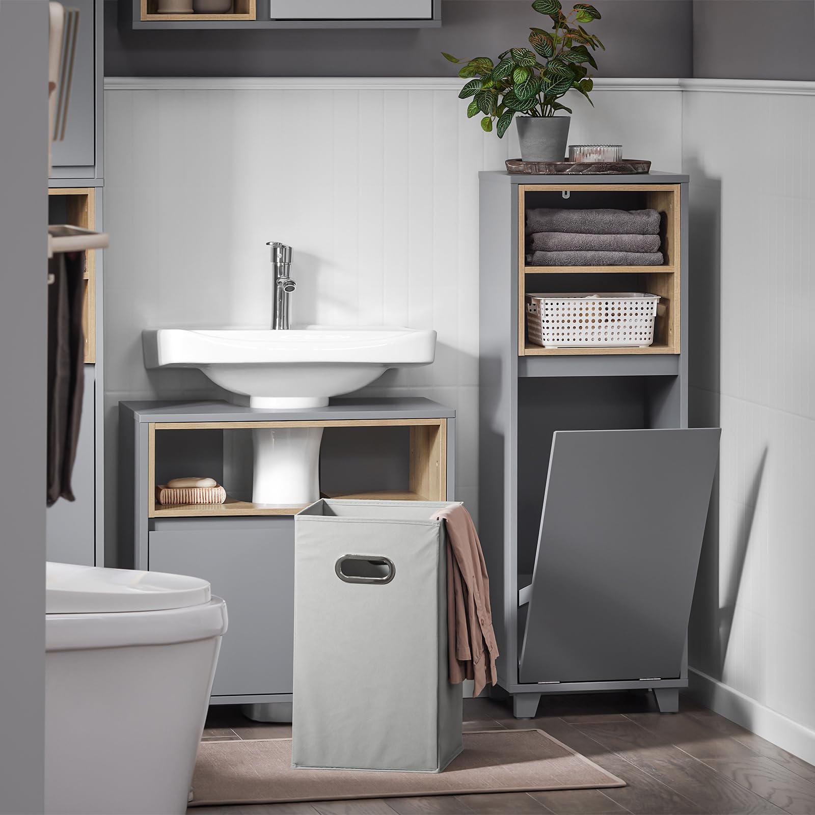 BZR146-DG Wäscheschrank mit Korb, platzsparend, modernes Design, B 35 x T 30 x H 105 cm, BZR146-DG für Zuhause und Waschküche, Grau