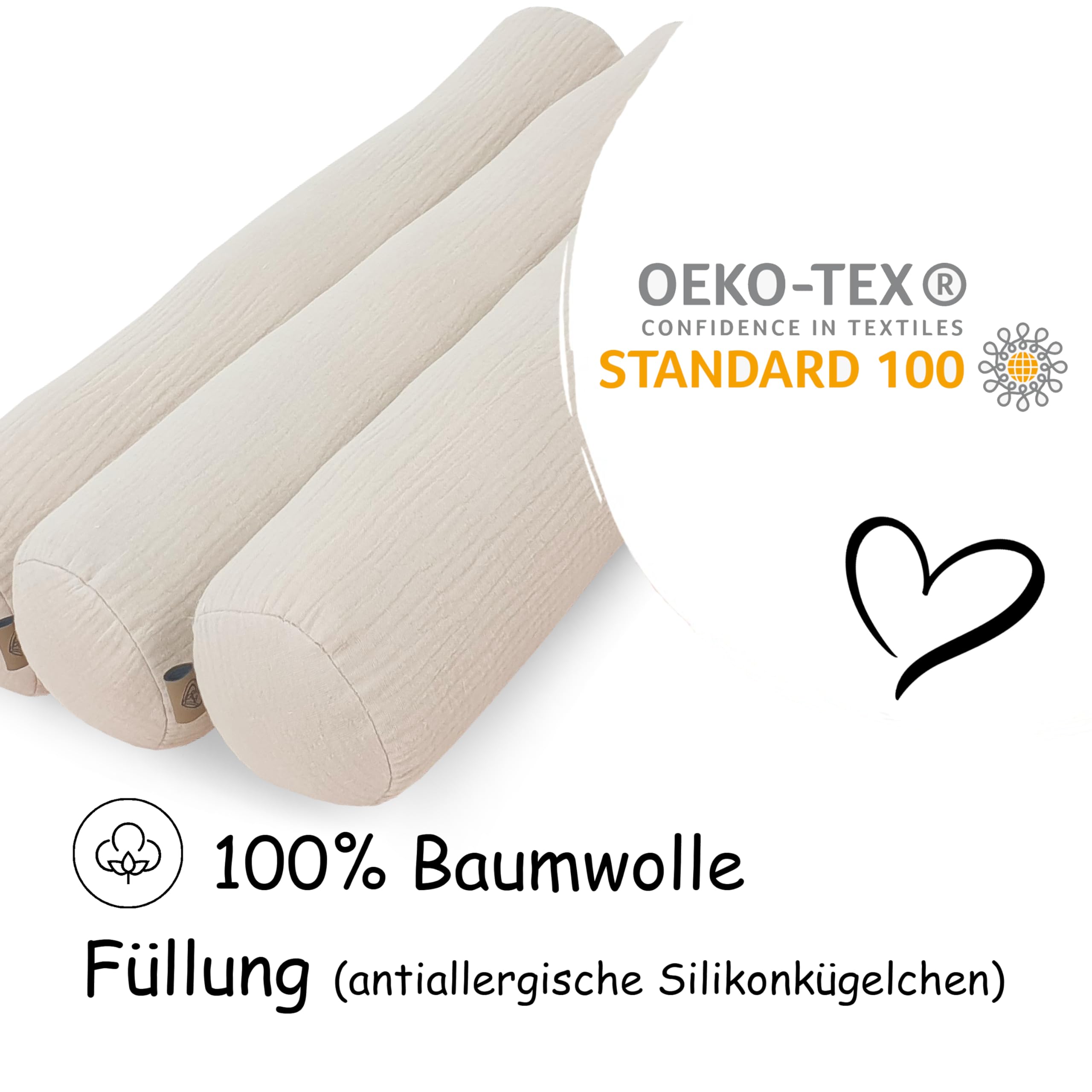 PinkZebra 3er Set Bett Kissenrollen 10 x 60 cm aus Musselin GOTS-Zertifizierung, Rollenkissen aus Baumwolle, Nackenrolle ÖkoTex, Bettrolle, Kissen Rund, Knierolle, Beige