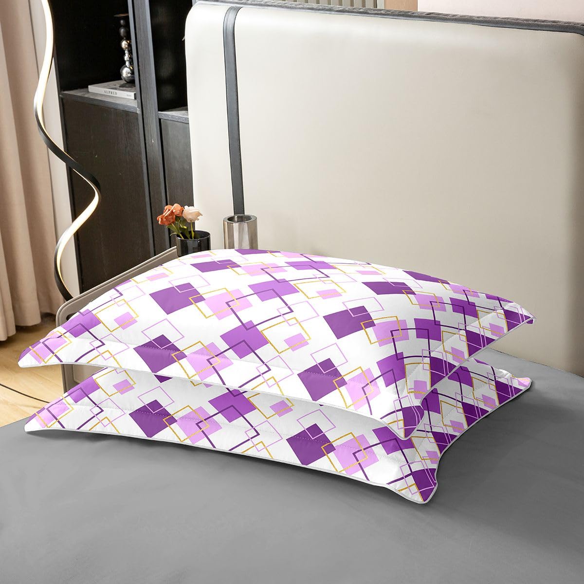 Homewish Fioletowy abstrakcyjny super king zestaw pościeli nowoczesny minimalistyczny geometryczny bawełna poszewka na kołdrę złota kwadratowa poszewka na kołdrę prosta współczesna estetyczna pościel