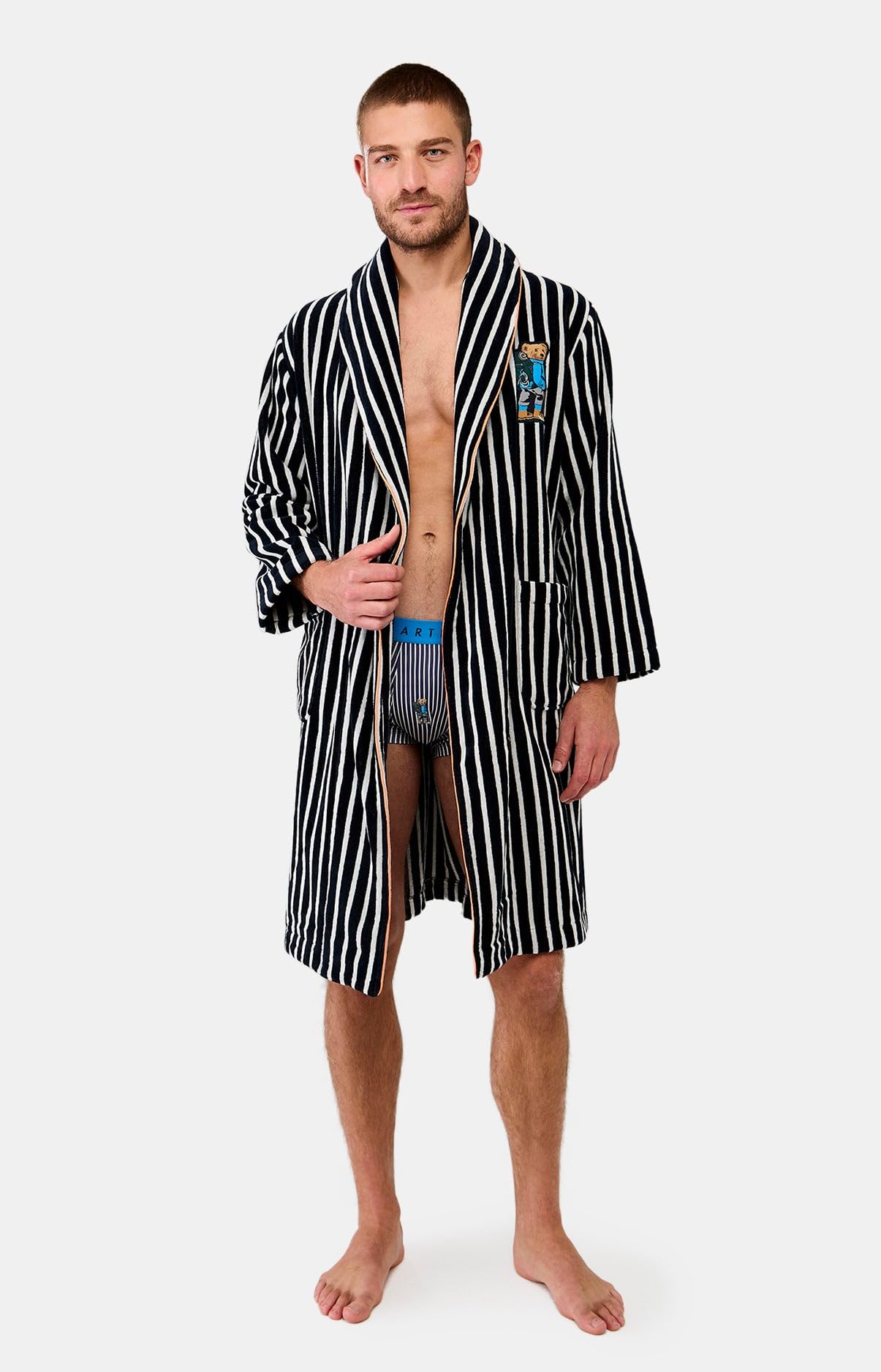 Arthur – Albornoz para hombre Randormeur – Exterior de terciopelo e interior de rizo – Cuello chal y bolsillos de parche – 100% algodón – Marino – Talla XXL, azul, XXL