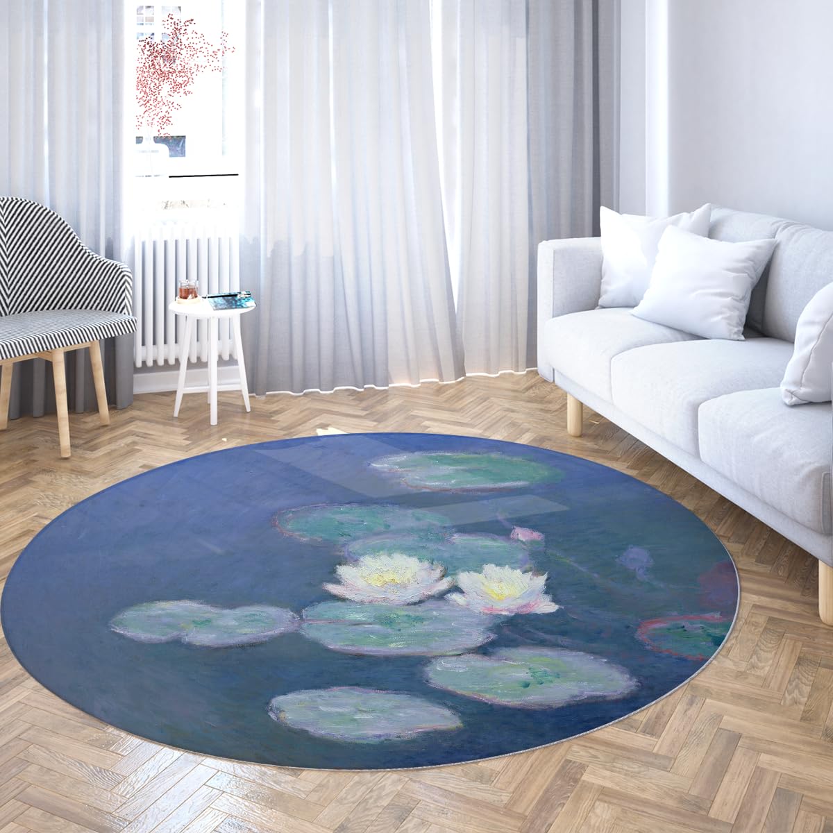 impressionnisme Grands Tapis Ronds 100cm Impression de nénuphar Lavable Tapis Mince antidérapant pour Salle de Classe Bambin Chambre d’Enfant décors Tapis