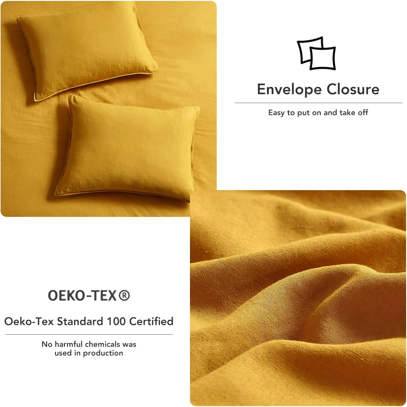 DAPU Linen Duvet Cover King, Washed Lightweight Bedding Set with Buttons Closures, 3 PCs Hypoallergenic Soft Linen Cotton Blend Duvet Cover Set with Multiple Corner Ties (Mustard Yellow, King) - Image 4