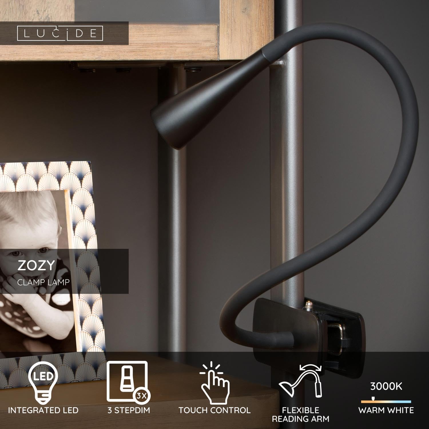 LUCIDE ZOZY - Klemmleuchte - LED 3 StepDim - 1x4W 3000K - Schwarz