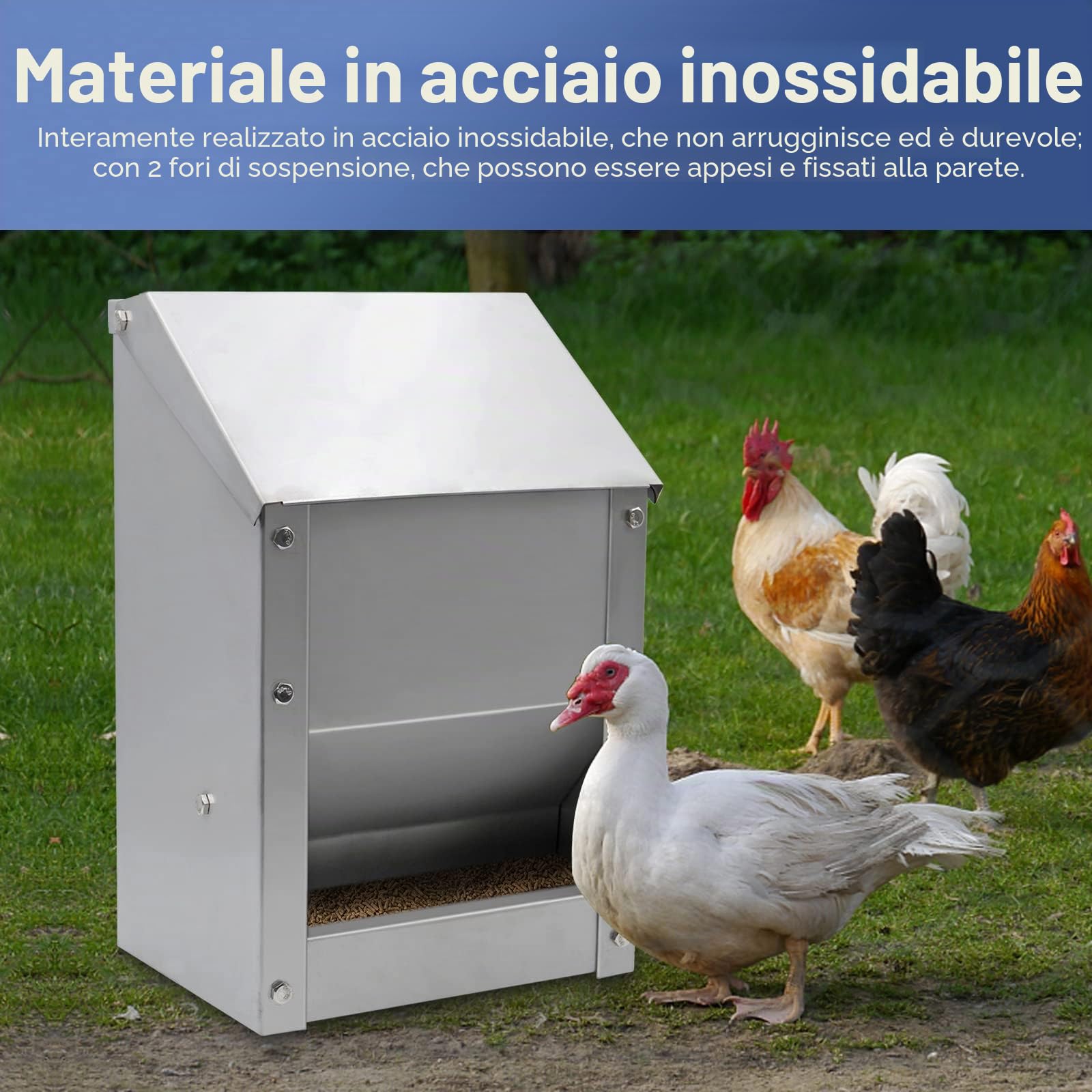 Mangiatoia automatica per polli in acciaio inox con 1 pala, mangiatoia per pollo, 4,5 kg, alimentazione automatica, resistente all'acqua per pollame