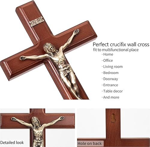 Miniatura 3 de ARCHOBAN Crucifijo de pared cruces de madera católicas de 12 pulgadas decoración de pared marrón  latón antiguo